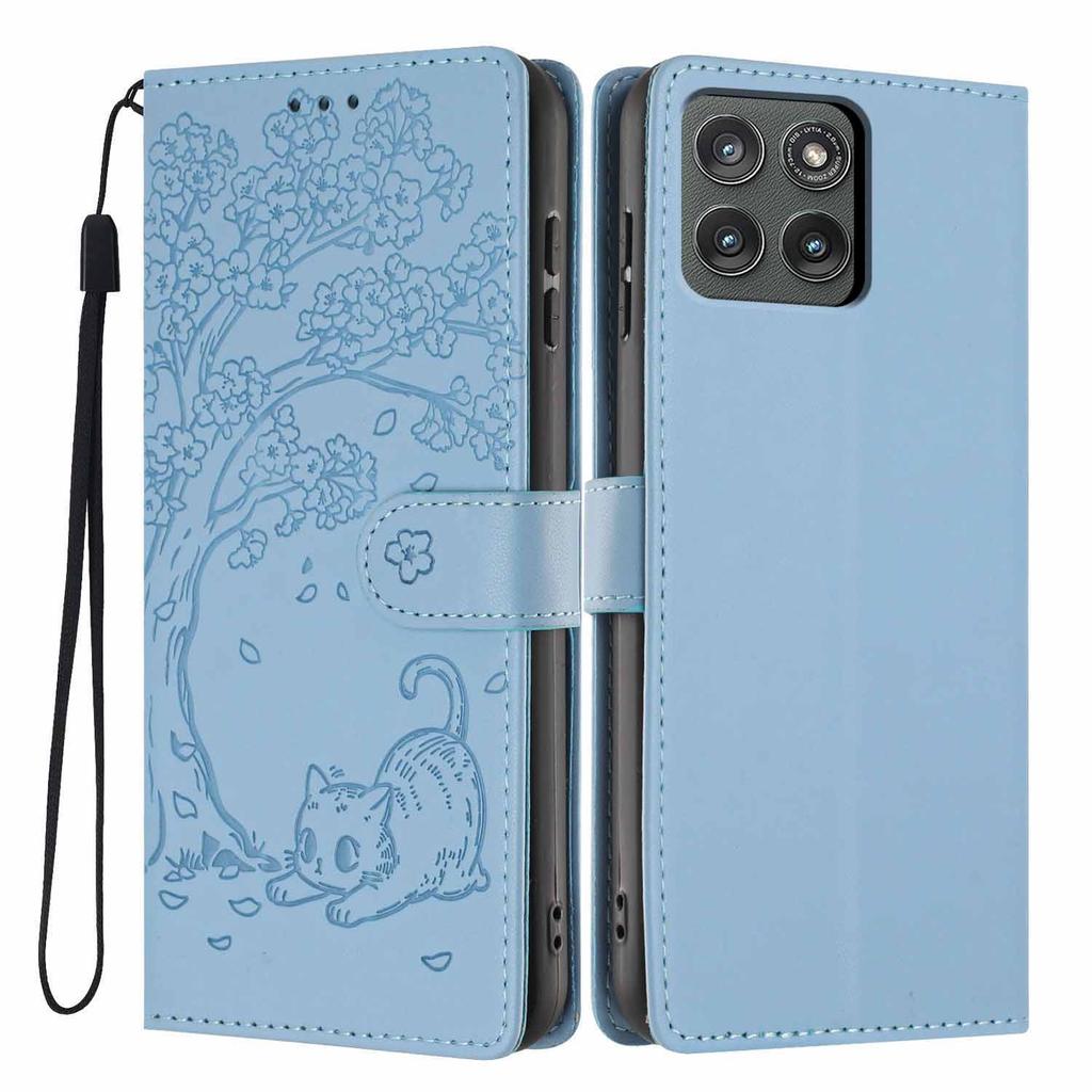 For Motorola Edge (2025) 5G Stand Case Tree-and-Cat Pattern PU Leather Wallet Protective Phone Cover with Wrist Strap