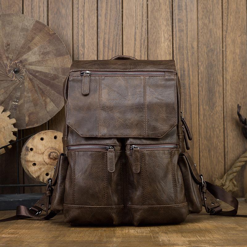 Handmade Cowhide Korean Backpack Men's Casual Trend School Bag College Style Personalized Leather Men's Bag