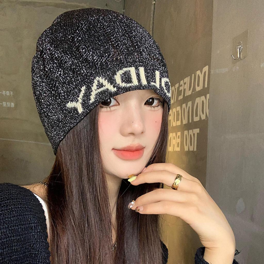 Korean Style Highlight Letters Black Knitted Baotou Hat for Women Showing Face Small Versatile Pile Hat Big Head Circumference Pullover Cold Hat