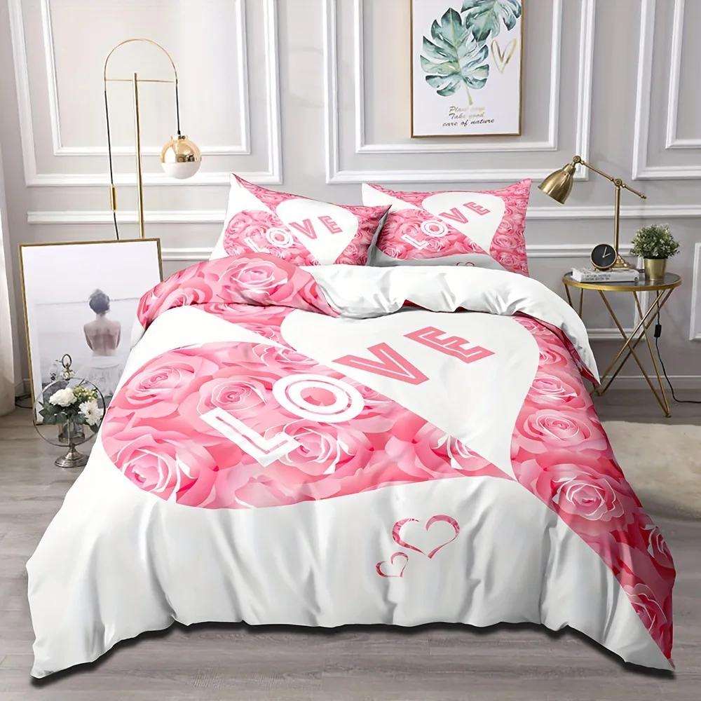 3 Pieces Bedding Set With Zipper Closure Red Heart Duvet Cover Queen Love Heart Pattern White Comforter Covers Set Cute Print