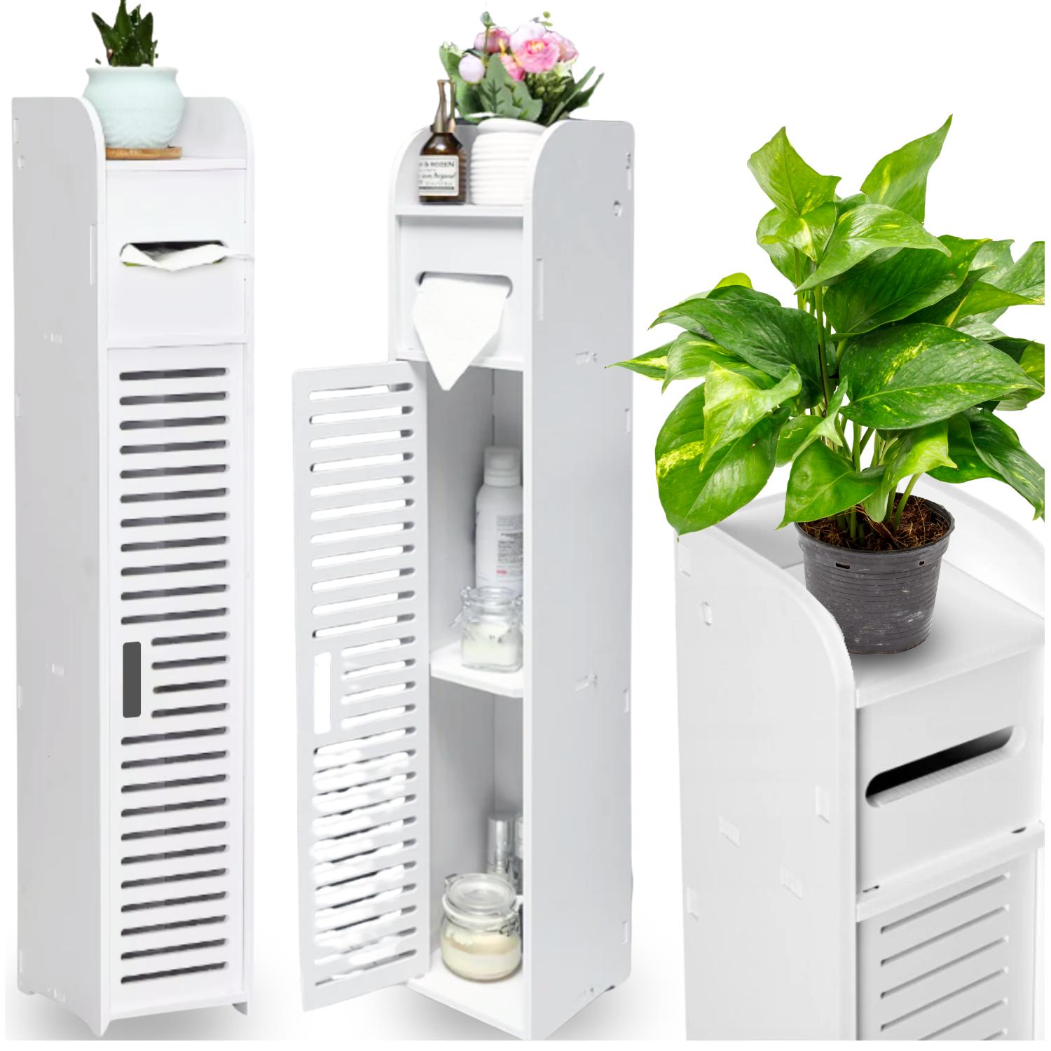 Openwork white bathroom column shelf, toilet paper shelf, toilet cabinet