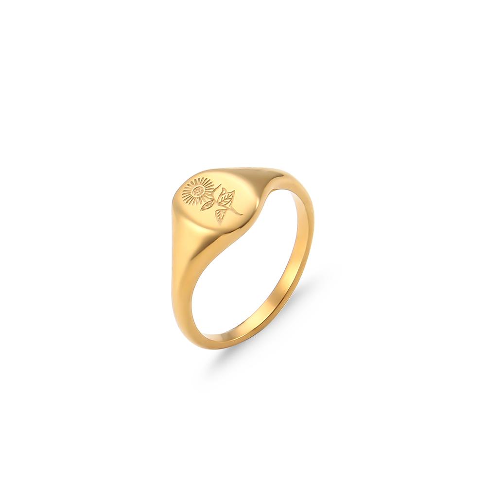 

Tarnish Free Stainless Steel 18k Gold Plated Engraving Wildflower Tea Leaf Lavender Sunflower Signet Rings For Women 9
