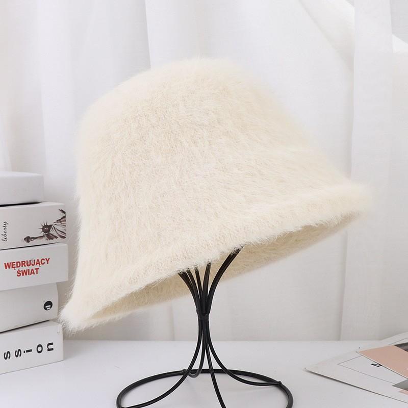 Autumn Winter Women's Cap Japanese Warm Faux Rabbit Hair Bucket Hat Outdoor Travel Fashion Solid Color Round Top Bucket Hats