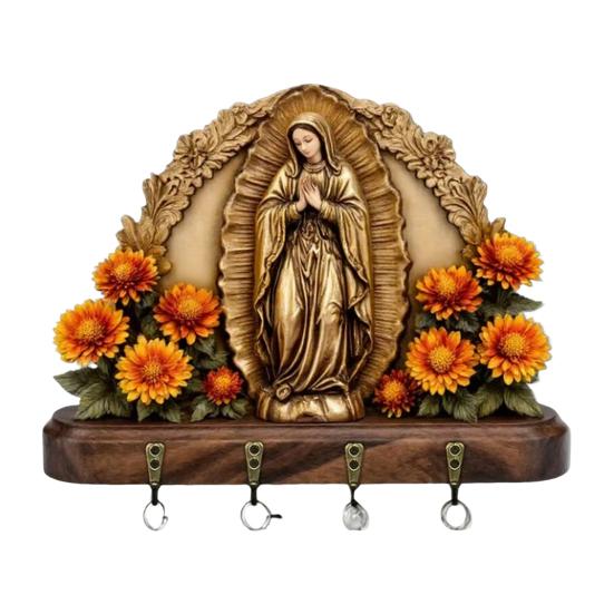 

2D Плоский тримач для ключів на стіну із зображенням Діви Марії Сільський релігійний настінний декор з 4 металевими гачками для передпокою коридору Сільські християнські подарунки для родини друзів A