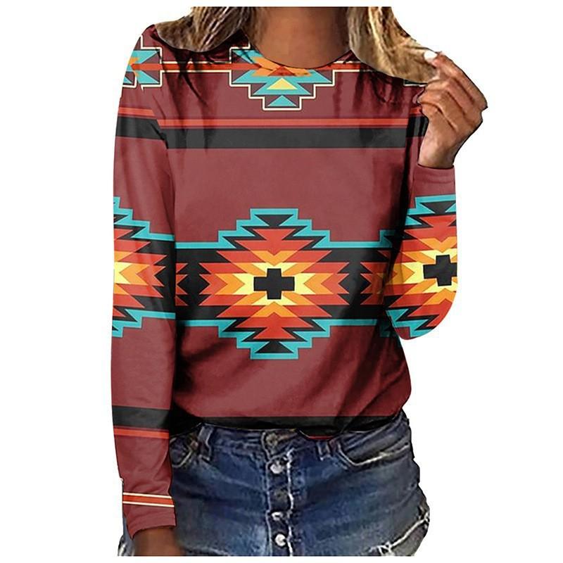 Spring and Autumn Round Neck 3D Retro Ethnic Style Printed Top Fashionable Casual Long Sleeved Women's T-shirts