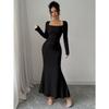 Elegant Sexy Long Sleeved Fishtail Dress Tight Fit Spring Pleated Square Collar Solid Color Party Maxi Long Dresses Evening Spring Bodycon Dress