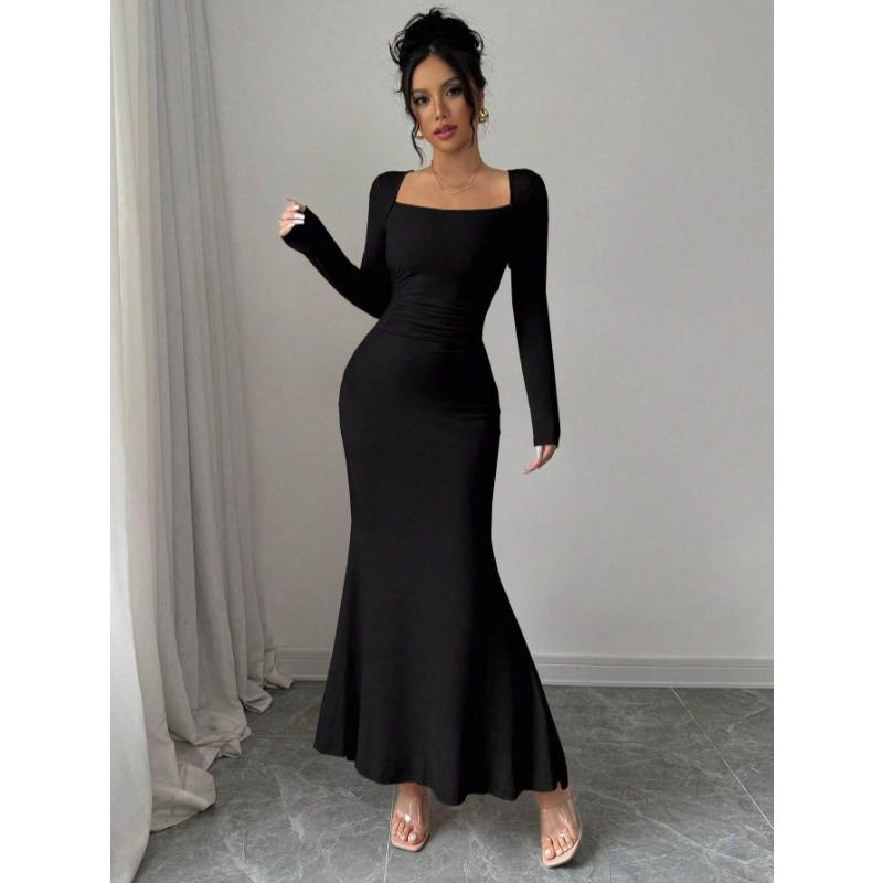 Elegant Sexy Long Sleeved Fishtail Dress Tight Fit Spring Pleated Square Collar Solid Color Party Maxi Long Dresses Evening Spring Bodycon Dress