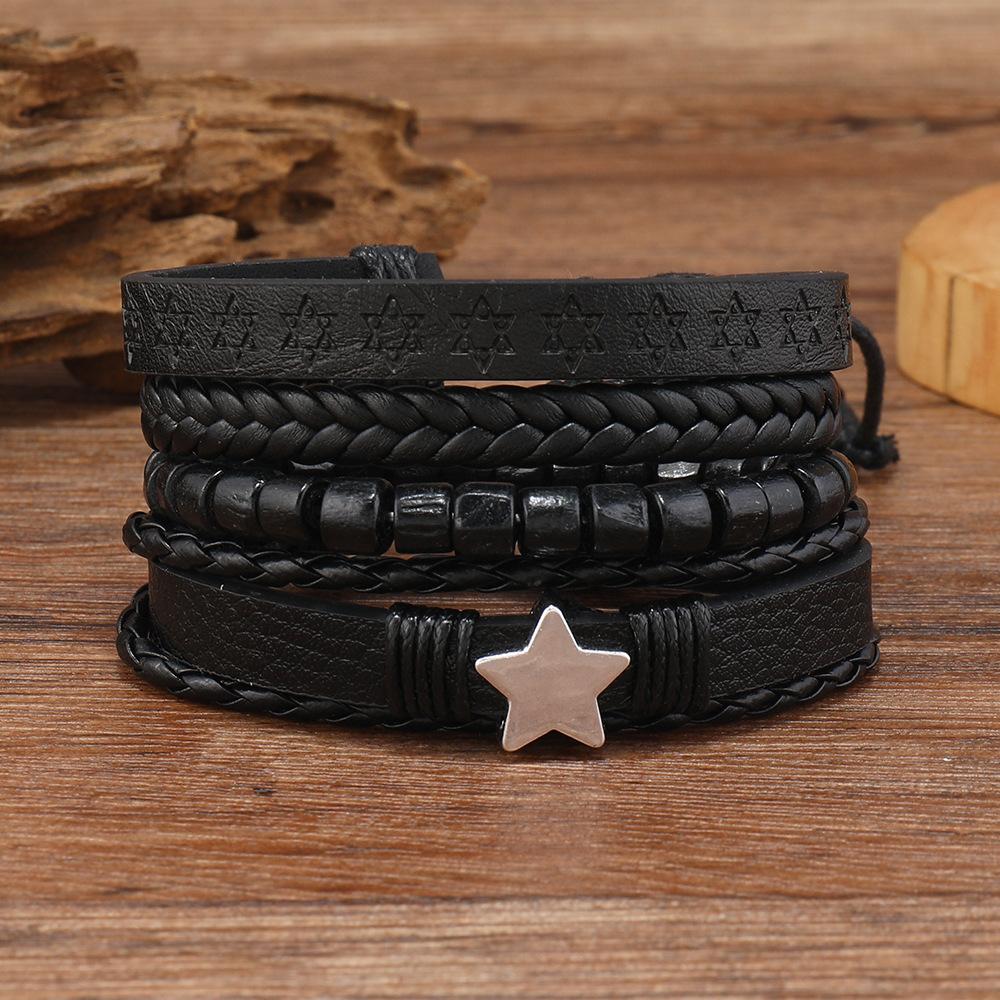 European and American New Dark Wind Alloy Pentagonal Leather Bracelet Four-Piece Set Men's Leather Bracelet Factory Direct Sale