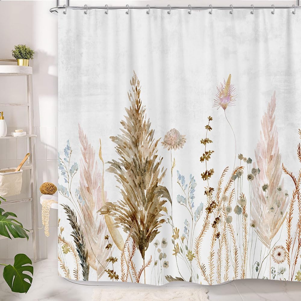 

Boho Floral Shower Curtain - Watercolor Botanical Design in Blue/Pink/Sage, Rustic Minimalist Bath Decor with 12 Hooks 15 sizes W90XH180cm