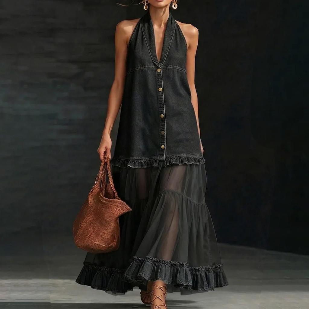 Vestido Maxi sin Mangas con Cuello Halter con Encaje y Paneles Transparentes con Volantes Vestido Largo Casual de Verano para Mujer