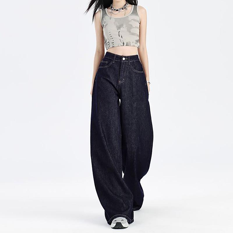 Spring and autumn American dark blue jeans women's 2025 new small high-waisted and thin straight loose wide-leg pants