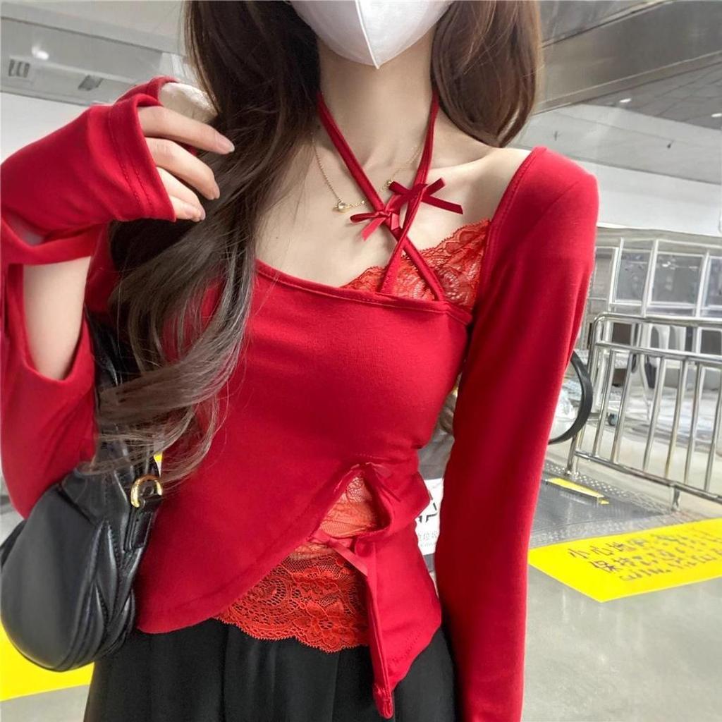 Stylish Lace Patchwork Halter Top for Women - Slim Fit Early Spring T-Shirt