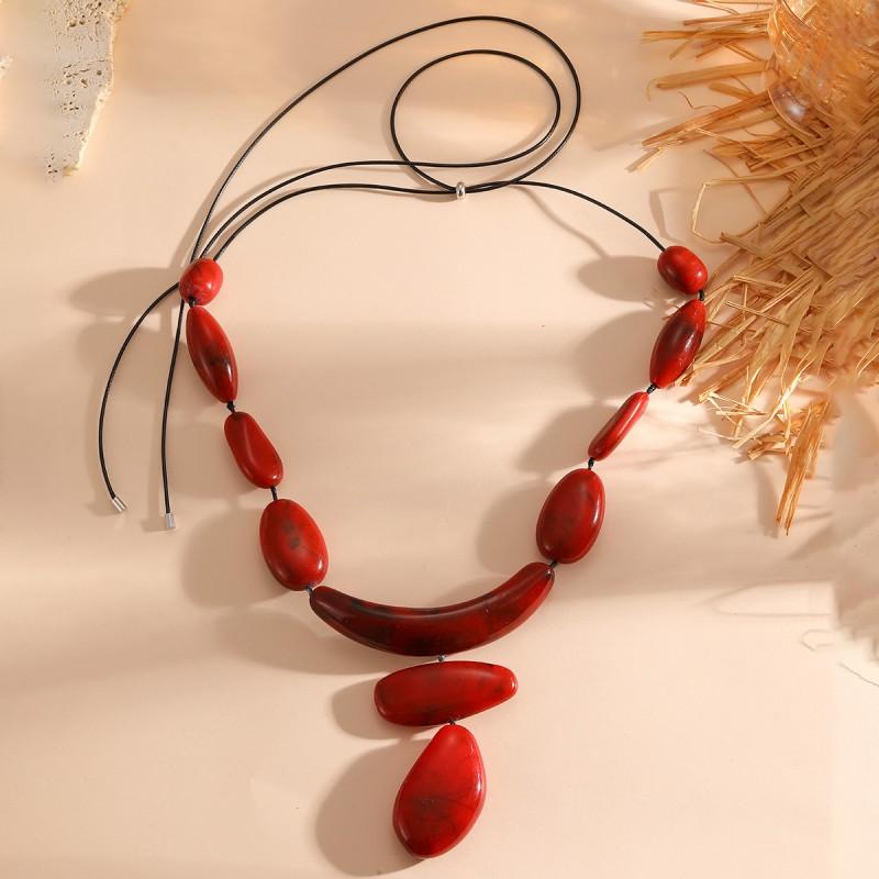 Boho Geometric Statement Necklace Women Handmade Adjustable Rope Chain With Acrylic Beads Red Fashion Jewelry