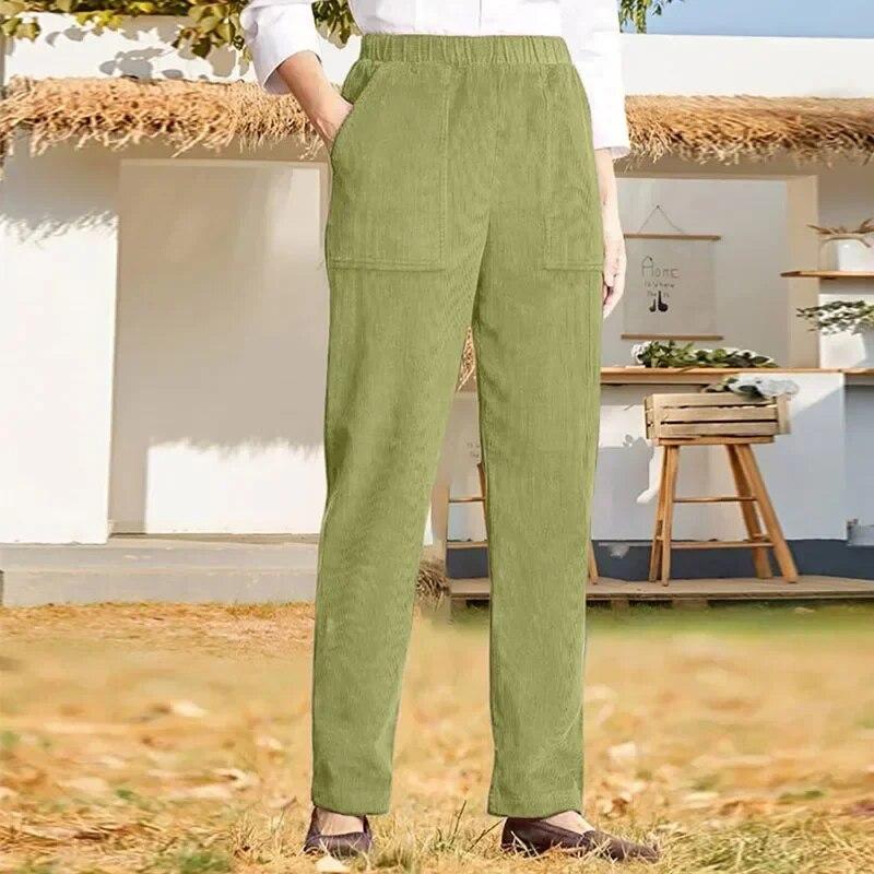 Fashion Straight Corduroy Long Pants Autumn Winter Casual Solid Color Elastic Waist Stripe Trousers Women Loose Fit Warm 30123