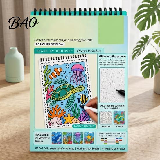 Spiral Bound Drawing Album Trace-By-Groove Guided Coloring Book, Clear Artistic Printing with 20 Decorative And Painting Set for Teens Scenes