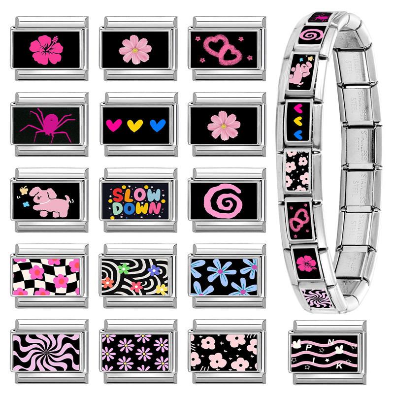 Schönes schwarzes Druckdesign Hase Katze Hund Blumen Herz Y2K Italienischer Charms Glieder Passend für 9mm Edelstahlarmband DIY Herstellung