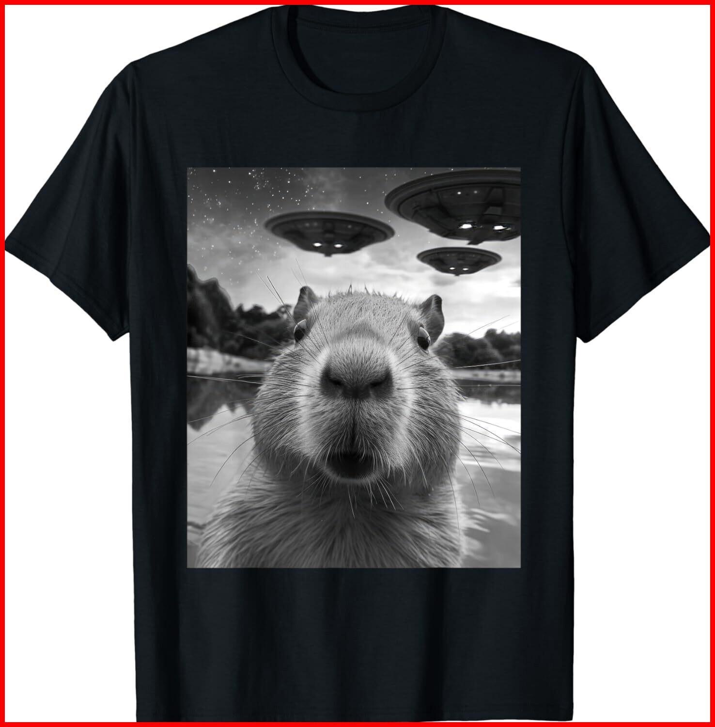 Capybara Selfie with UFOs Weird Funny Black Cotton T-Shirt S-5XL L