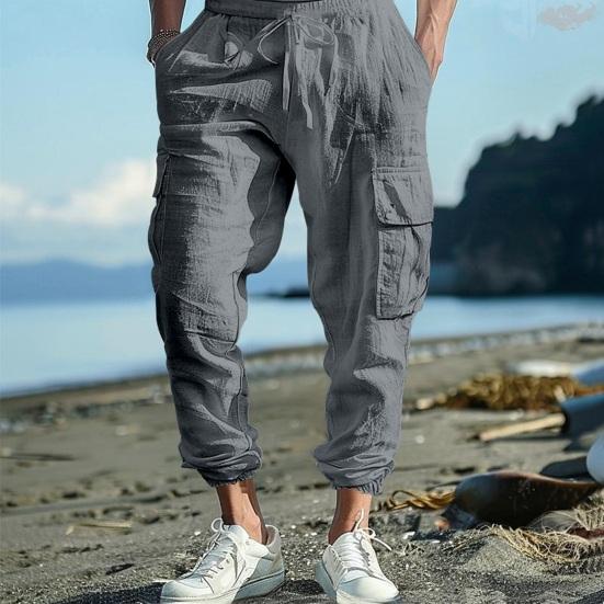 Men Casual Cargo Pants Drawstring Waist Jogger Pants Tapered Loose Fit Trousers with Multiple Pockets for Sports Gym Workout Street Daily Wear