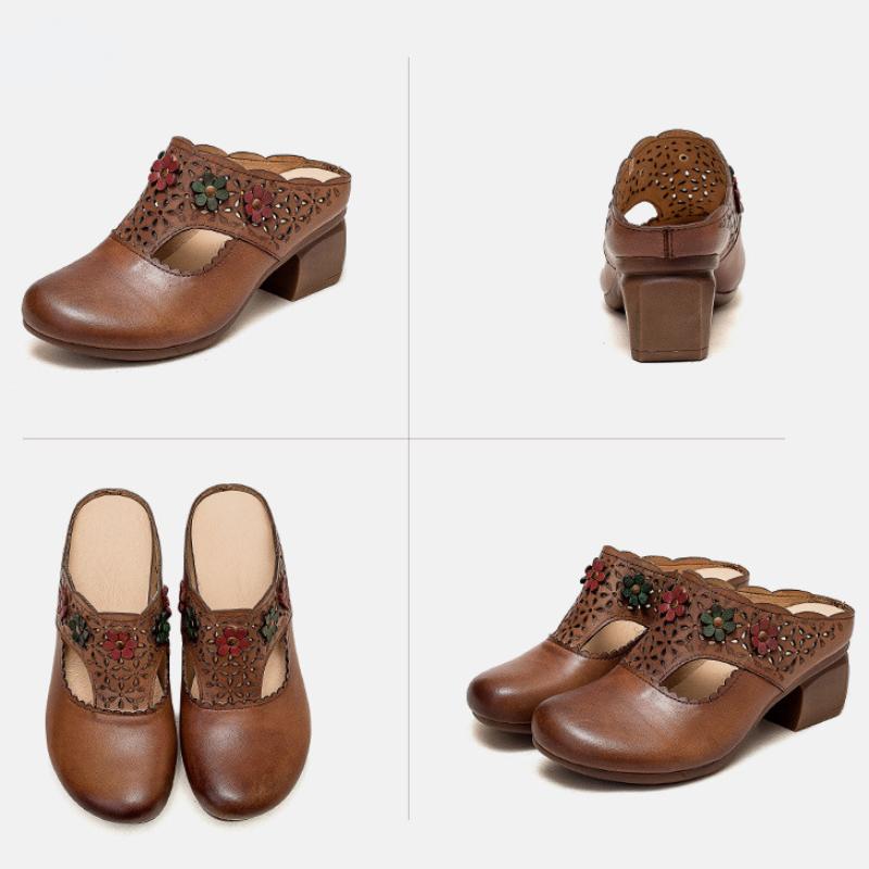 Ethnic Style Flower Mid Heel Slippers Summer New Round Toe Retro Comfortable Versatile Women Shoes Outside Slides