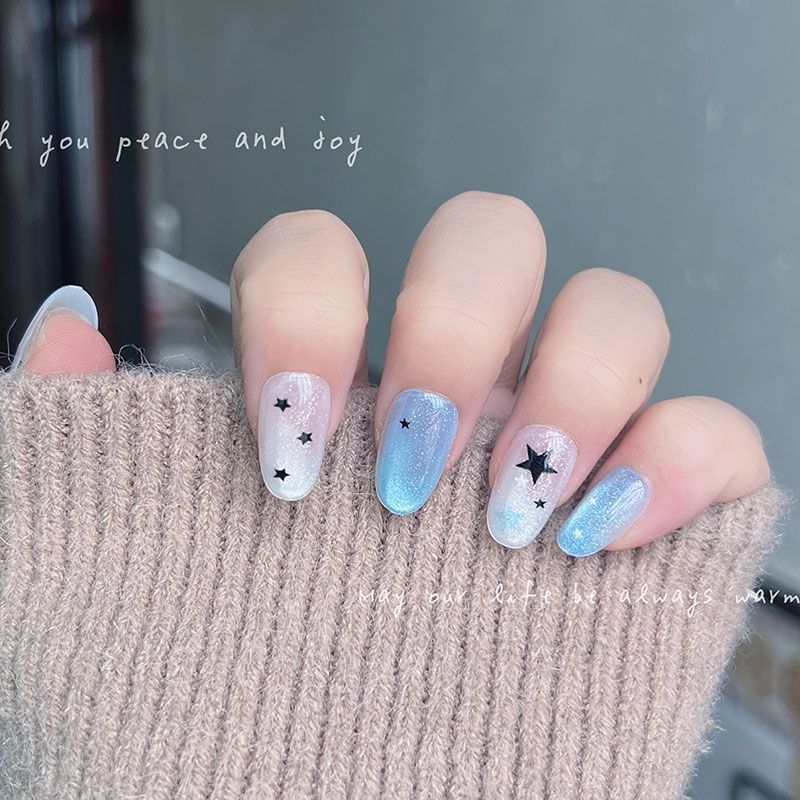 10pcs Short Round Blue White Glitter Cat Eye Press On Nails With Black Star Design Reusable Y2K False Nail Tips