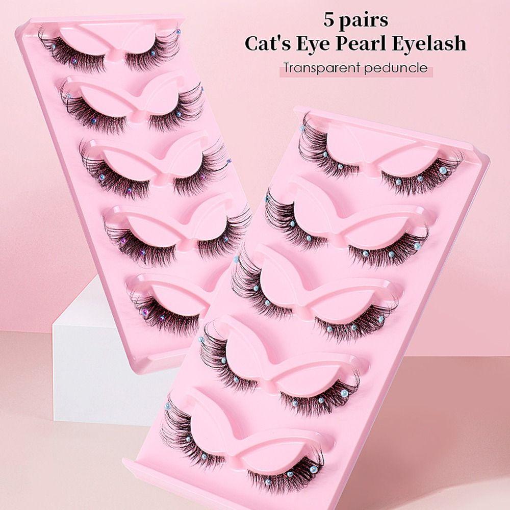 

5 Pair 3D Oblique False Eyelashes Fluffy Pearl Cat Eye Lashes Faux Mink Eyelashes Makeup Tools