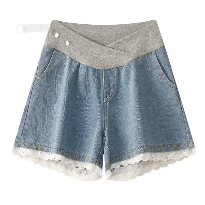 2026 New Style Tummy Support Maternity Denim Shorts with Lace Trim – Summer Wide-Leg Hot Pants