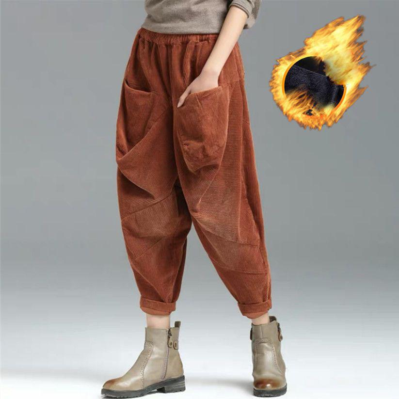 

Осенние и зимние шаровары женские теплые бархатные шаровары панталоны повседневные с высокой талией толстые брюки длиной до щиколотки винтажные S оранжевый