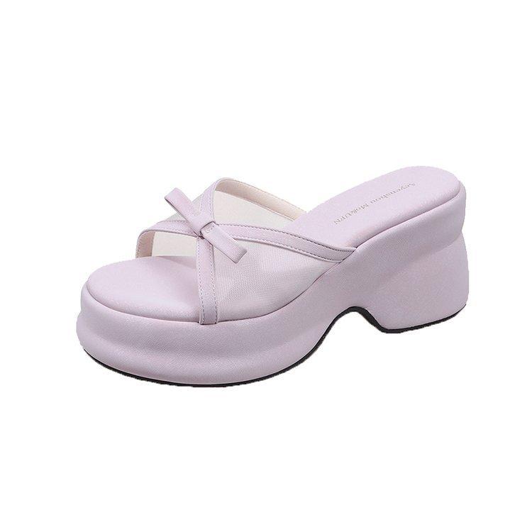 French thick-soled breathable mesh bow one-word slippers for women's summer wear are not tired, and the foot slope heel is beautiful, sandals and