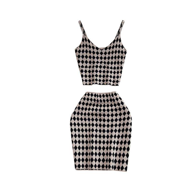 Fashion Suit Women's Pure Desire Sexy Chessboard Plaid Silm Crop-Top Spaghetti-Strap Vest Two-Piece Set High Waist Sheath Skirt