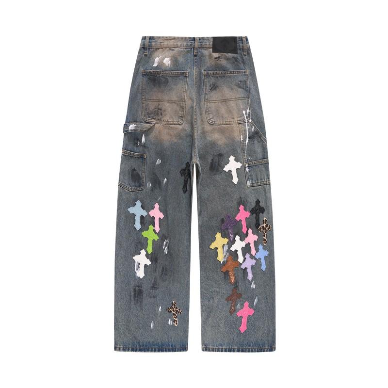 Mens Low-Rise Distressed Oversized Straight Leg Denim Jeans With Hand-Painted Splatter Wash