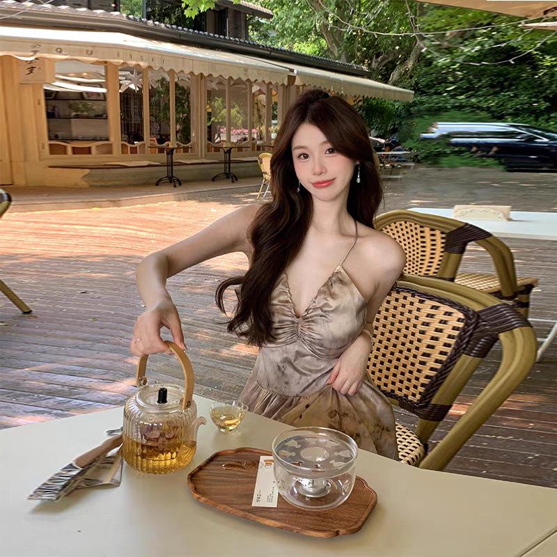 Coffee Break French Sexy Halter Floral Suspender Dress Women's Summer Sweet Spice Girls Seaside Vacation Beach Long Skirt