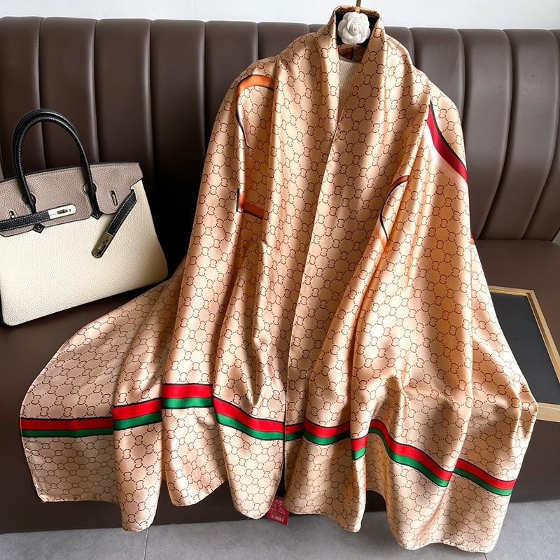 New Imitation Silk Printed Silk Scarf for Women  Versatile Geometric Sun Protection Beach Towel Ethnic Style Decoration Gauze Shawl