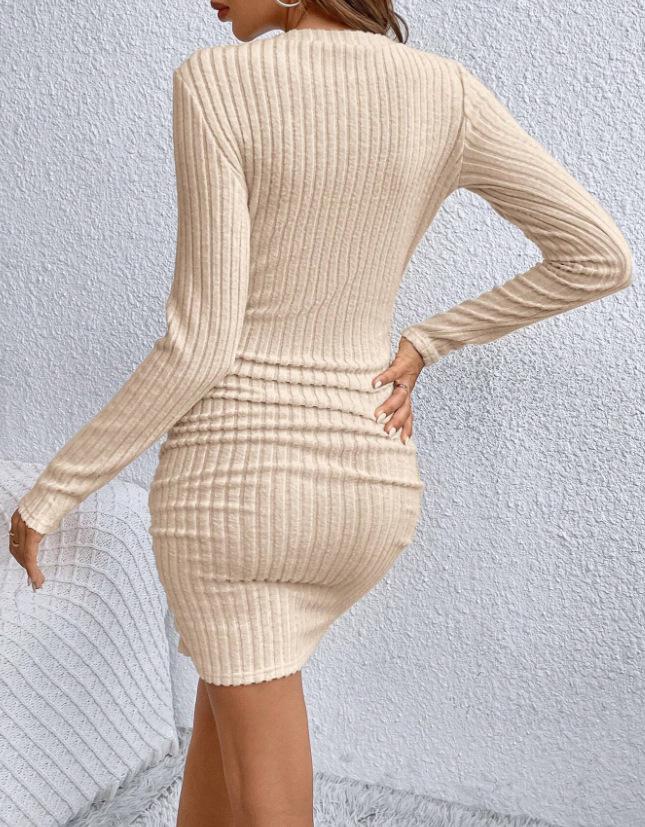 European & American Women's Autumn/Winter V-Neck Ribbed Bodycon Dress