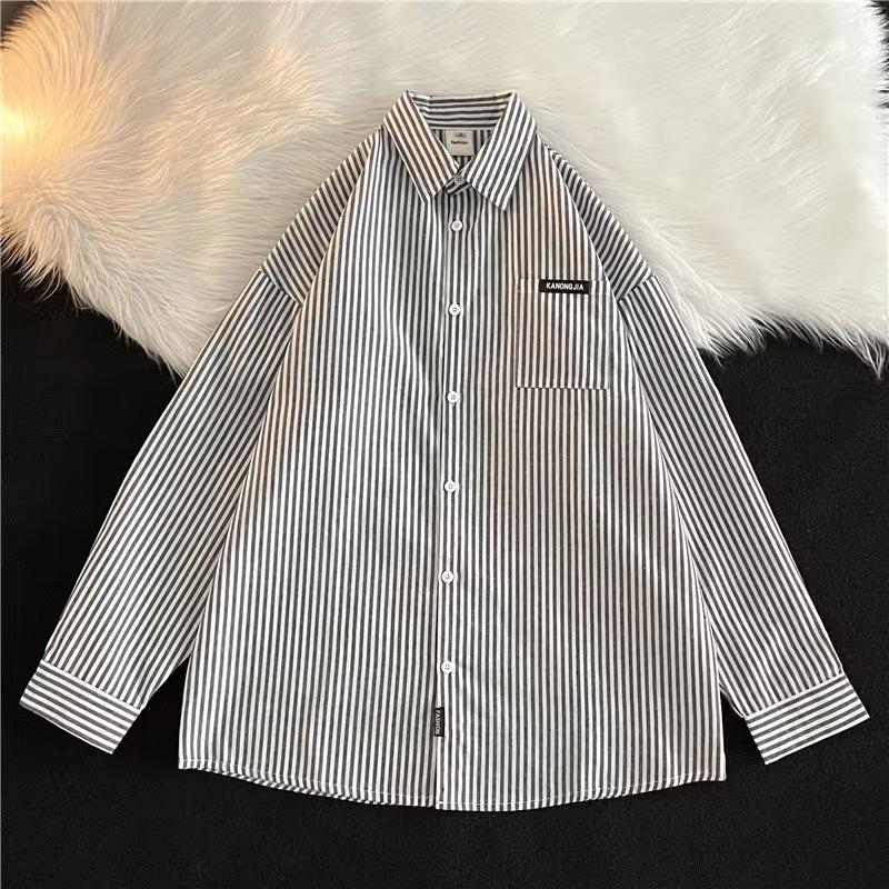 Spring And Autumn Long Sleeved Vertical Stripe Shirt For Men, Fat And Large Casual High Street Youth Shirt
