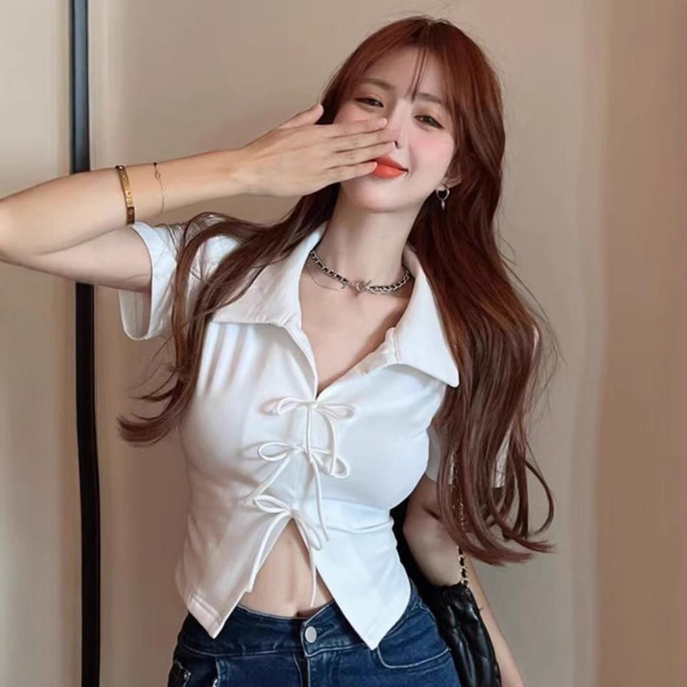ins pure desire spice girl bow polo collar short-sleeved t-shirt women's summer design French short bottom short-sleeved top