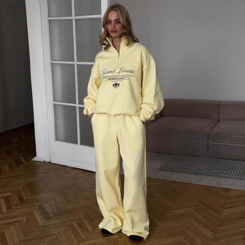 Womens 2-Piece Sport Set Half-Zip Embroidered Sweatshirt Casual Pants Streetwear
