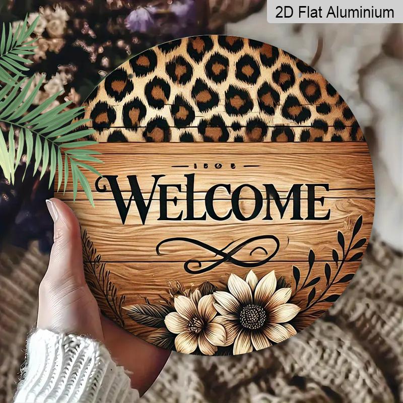 2D Flat Aluminum 7.87 Inch X 7.87 Inch Leopard Print and Floral Pattern Welcome Sign Wall Decoration, Vintage Style. Suitable for Cafes, Living
