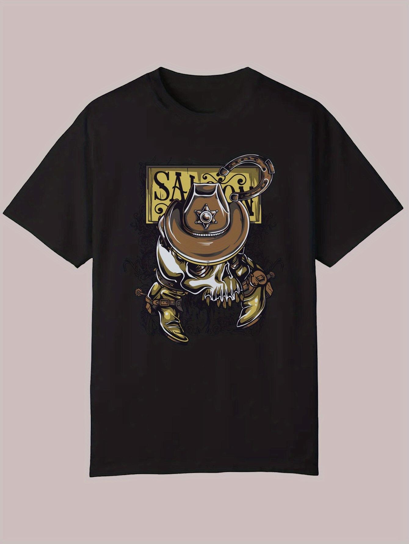 Casual Summer T-shirt - Western Cowboy Skull Design with Hat & Boots L