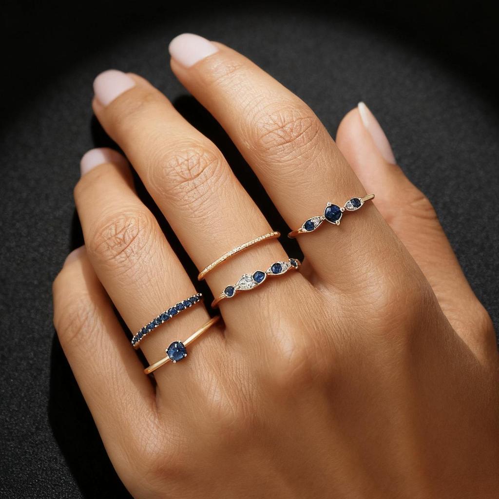 Eco-friendly Gold and Blue Diamond Stackable Ring Set - European & American Style Women's Five-Piece Jewelry Collection