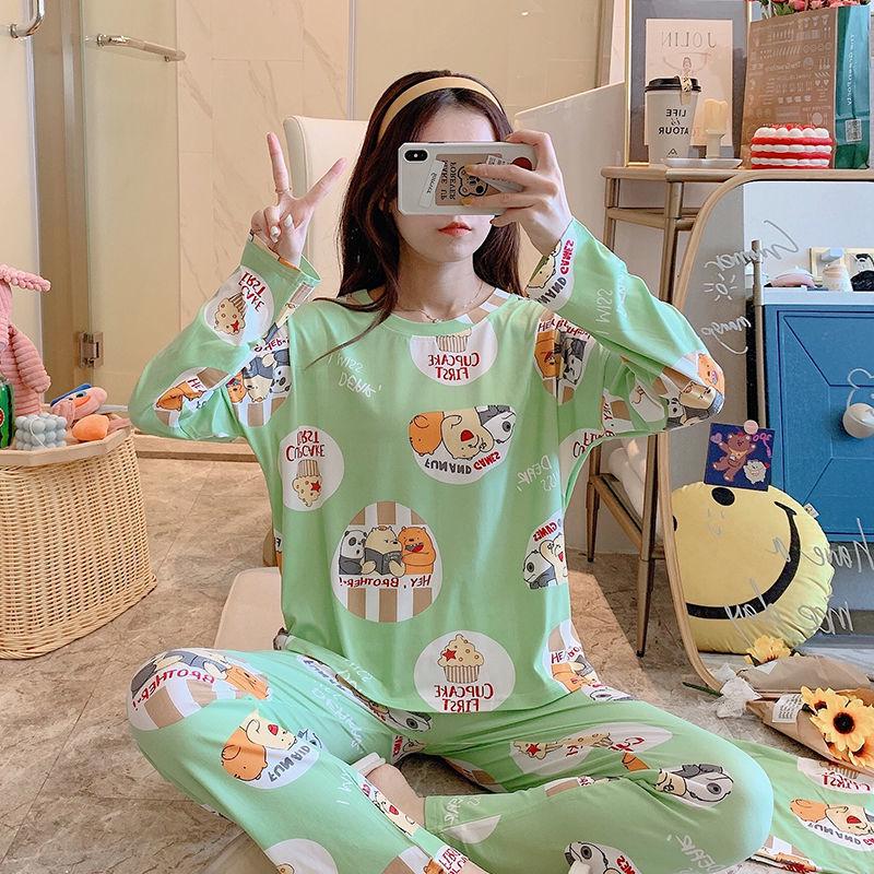 Women's Long-Sleeve Cartoon Pajama Set - Cute Korean Style Homewear for Autumn, Winter, Spring - Plus Size Available