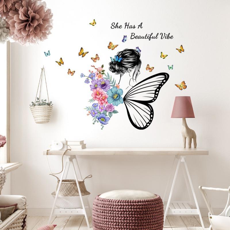 Wall Sticker Butterfly English Slogan Girl Flower Wall Sticker Paper Living Room Decoration Self Adhesive
