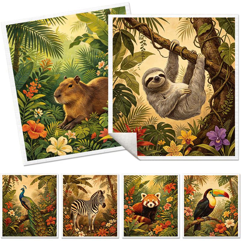6PCS Cleaning Dishcloths Reusable Kitchen Dish Towels Tropical Animal Pattern Dishcloth Absorbent Lint Free Cloth Washable Duster Rags Tea Towels