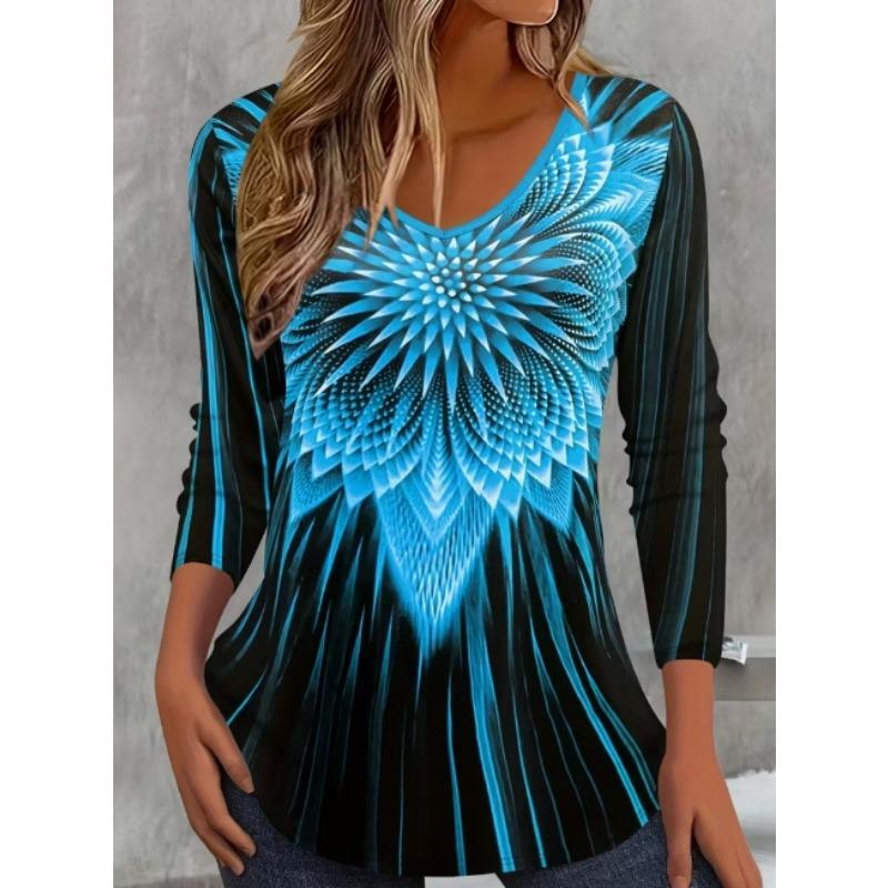 Vintage Women's T-Shirt Floral Graphic Plants Elegant Fashion Tee Long Sleeve T-shirts V-Neck Regular Tops Pullover Fall Winter