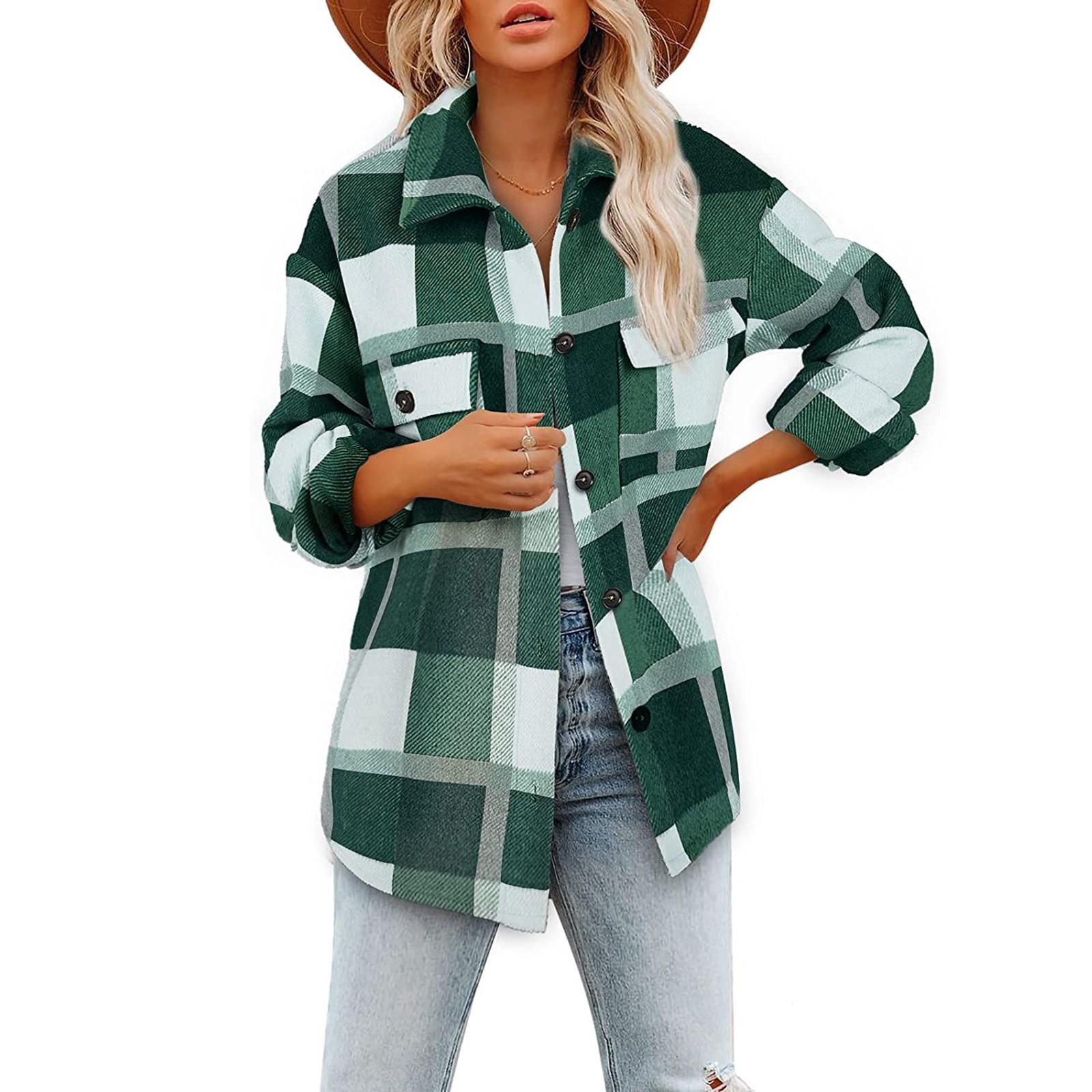 

Жіночі начісовані сорочки в клітку, фланелеві лацкани з довгим рукавом і ґудзиками, жакети з кишенями, пальто XL зелений