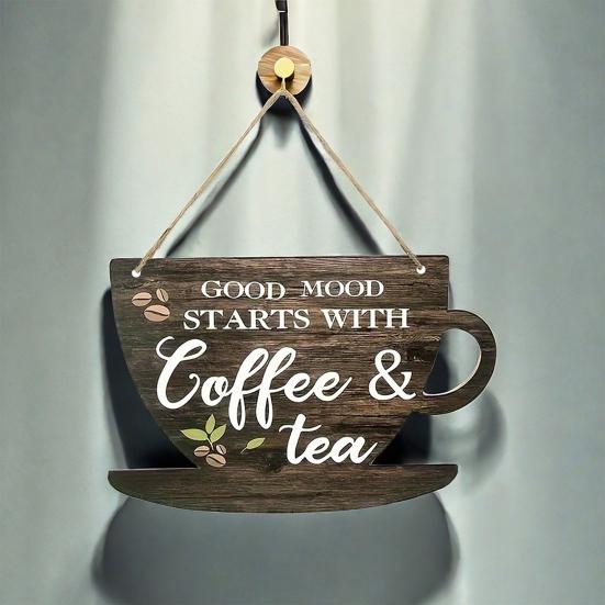 Wooden Coffee Cup Hanging Sign Good Mood Starts with Coffee Tea Door Plaque Kitchen Cafe Coffee Corner Wall Hanging Decoration Ornament