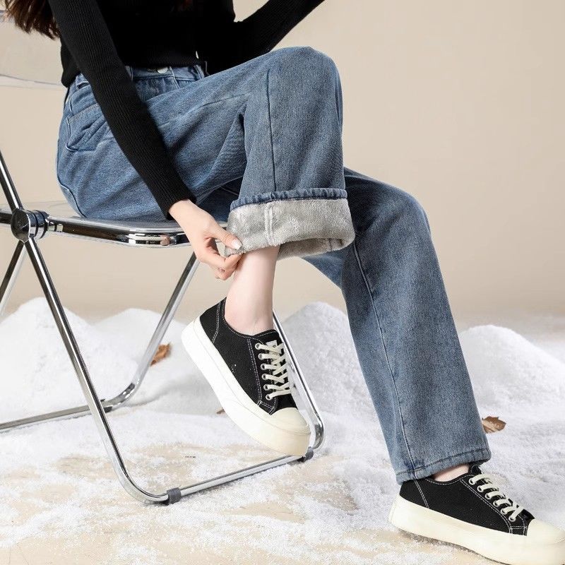 

Джинсы с толстым плюшем на осень и зиму, с высокой посадкой, для худеньких девушек, свободные, прямые, универсальные, моющие пол XS синий