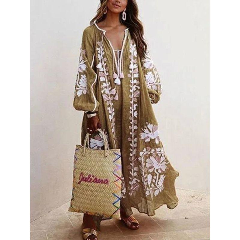 Long-Sleeve V-neck Print Loose Dress Long Sleeves V Neck Print Loose Long Dress