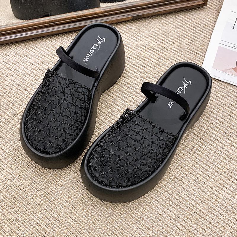 Retro Mesh Hollowed-out Bag Head Cool Slippers Women's Summer Wear Thick-soled Wedge Heels High Heels Vacation Word with Cool Slippers