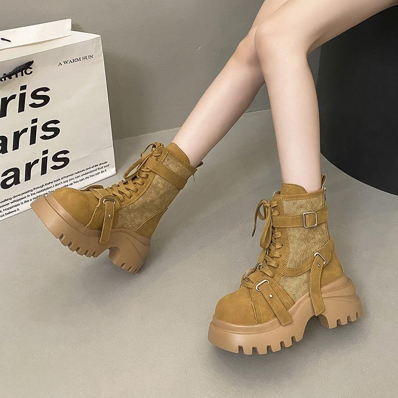 Martin boots women's new versatile splicing cloth thick-soled muffin straps recreational locomotive boots small short boots