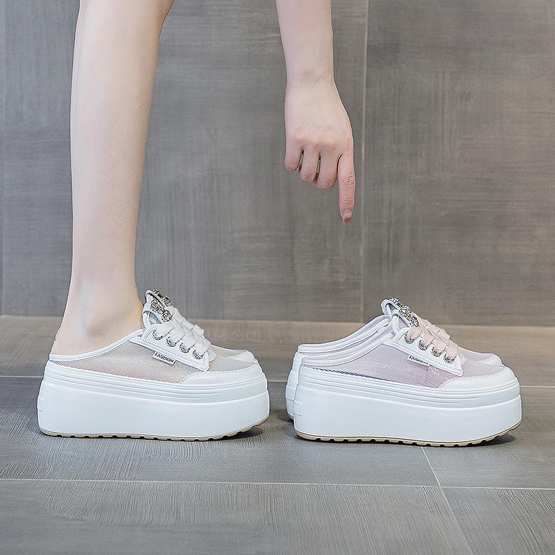 Baotou slippers women's shoes will be popular in 2025, breathable mesh yarn, rhinestone thick sole will increase by 8 cm, fashion trend is versatile
